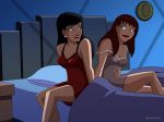 2_girls 2girls bed bedroom big_breasts black_hair breasts brunette cleavage dc_comics dcau female female_human female_only glee-chan human lana_lang lingerie lois_lane long_black_hair long_hair looking_at_each_other nightgown sitting superman:_the_animated_series superman_(series) yuri