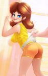 1girl alternate_version_at_source ass black-rayal clothed female female_focus looking_at_viewer panties panties_pull princess_daisy roy_(fire_emblem) shorts super_mario_bros. wedgie