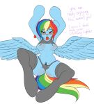  1girl anthro anthrofied blue_feathers blush breasts clothing elzzombie equine feathered_wings feathers friendship_is_magic furry hair high_res mammal multicolored_hair my_little_pony pegasus pussy rainbow_dash tight_clothing tongue tongue_out wings 