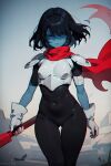 1girl ai_generated armor blue_body blue_skin deltarune female female_human female_kris_(deltarune) female_only gloves human_only kris_(dark_world_form) kris_(deltarune) kris_female_(deltarune) scarf sfw solo solo_female solo_human thigh_gap undertale_(series) video_game_character video_games weapon