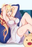  1girl 1girl akai_haato armpits arms_behind_head arms_up bare_legs big_breasts blonde blue_eyes breasts cleavage dress hair_ornament hairclip heart heart_hair_ornament high_resolution hololive knee_up legs long_hair looking_at_viewer myumi one_eye_closed open_mouth pillow ponytail sitting spaghetti_strap tied_hair virtual_youtuber 