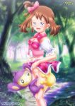 1girl aipom bbmbbf clothed earrings female_human forest hairless_pussy interspecies may_(pokemon) mostly_clothed nintendo no_panties outdoor outside palcomix pokemon pokephilia pokepornlive pussy skirt skirt_lift standing