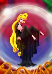  1girl ball_gag black_dress blonde_hair breasts cabroon_(artist) clothed crown dragon&#039;s_lair dress exposed_breasts female hands_tied_behind_back high_heels long_hair no_bra princess_daphne 