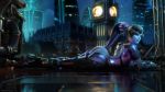  1girl ass big_ass blue_skin clothed clothes clothing ellowas high_heels latex latex_suit laying long_hair looking_at_viewer overwatch widowmaker 