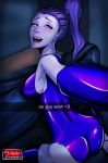 1girl ass breasts female_focus female_only latex latex_suit open_mouth overwatch ponytail purple_hair purple_skin sagaraart selfpic snapchat sofa solo_female spandex widowmaker widowmaker_(overwatch)