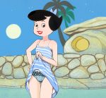  1_girl 1girl bare_arms betty_rubble black_hair brunette clothed dress dress_lift female female_only horizontal_stripes looking_at_viewer milf panties short_black_hair short_hair sleeveless_dress solo standing striped_dress the_flintstones 