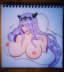  1girl artist_name big_breasts breasts breasts_grab camilla_(fire_emblem) drawing erect_nipples fire_emblem hair_over_one_eye long_hair looking_at_viewer mr-blue nipples pho5o signature upper_body 