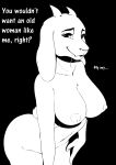  1_girl 1girl anthro big_breasts black_and_white black_background breasts caprine dialogue english_text furry goat goat_girl haaru horn leaning leaning_forward long_ears looking_at_viewer mammal monochrome monster monster_girl nipples nude sharp_teeth simple_background smile solo_focus talking_to_viewer teeth text toriel undertale undertale_(series) video_games 