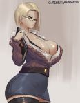  1girl android_18 blonde_hair breasts bursting_breasts cutesexyrobutts dragon_ball dragon_ball_z glasses huge_breasts office_lady pencil_skirt shiny shiny_skin short_hair standing stockings thick_thighs thighs zettai_ryouiki 