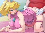 1girl ambiguous_penetration ass big_breasts blonde_hair blue_eyes blush boris_(noborhys) breasts crown doggy_position dress dress_lift earring earrings erect_nipples fat_man from_behind from_behind_position gloves looking_back male male/female mario mario_(series) nintendo nipples open_mouth panties panties_down pink_dress pink_panties pink_underwear ponytail princess_peach sex straight super_mario_bros. sweat sweatdrop