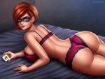 1girl arms ass ass_crack back bangs bare_back bed bed_sheets big_breasts bra breasts brown_eyes brown_hair butt_crack cellphone disney elbow eye_mask female female_only fingernails fingers flowerxl hand_on_bed helen_parr heroine huge_ass large_ass light-skinned_female light_skin lips lipstick looking_at_viewer lying_on_bed lying_on_stomach mask mature mature_female mom mother neck on_stomach panties pink_lingerie pixar purple_lipstick short_hair shoulders smartphone solo_female solo_focus the_incredibles thighs throat