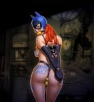  1girl 2015 ball_gag barbara_gordon batgirl batman_(series) bound bound_arms dc dc_comics dildo_in_ass dildo_in_pussy drew_gardner_(artist) female female_human female_only green_eyes hands_behind_back human looking_at_viewer looking_back mask mask_on_head masked nipple red_hair redhead standing 