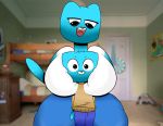 2018 anthro big_breasts blue_fur breasts bulge cartoon_milf cartoon_network cat clothed clothing digital_media_(artwork) feline feline_humanoid furry gumball_watterson head_between_breasts huge_breasts incest mammal mother_&amp;_son nicole_watterson open_mouth sweepyy teeth the_amazing_world_of_gumball tongue