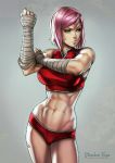 1girl abs alluring arms bandages bare_shoulders biceps big_breasts breasts cheeks chin dandon_fuga elbows eyebrows eyelashes female female_abs female_only fist fitness forehead forehead_mark green_eyes lips medium_breasts muscles muscular muscular_female naruto naruto_shippuden navel pink_hair sakura_haruno short_hair shoulders solo_female solo_focus thighs