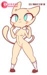 1girl animal_ears anthro anthrofied artist_name blue_eyes breasts cat_tail covering covering_crotch dated diives embarrassed english_text full_body furry gif hands_together hands_up jumping knees_together_feet_apart looking_down mew nekomimi nipples no_humans nude open_mouth pokemon pussy signature simple_background small_breasts smile standing surprised tail teeth text uncensored v_arms white_background 