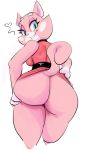  &lt;3 1girl 1girl 2018 anthro ass belt big_ass bottomless breasts cat clothed clothing dbaru dress eyelashes feline furry hand_on_butt looking_at_viewer mammal raised_clothing raised_dress rear_view shima_luan simple_background smile standing super_planet_dolan white_background 