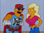  ass barney_gumble big_breasts breasts cleavage duffman frown gif jeans moe_szyslak the_simpsons tied_shirt titania_(the_simpsons) walking 
