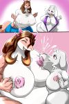  1girl 2018 anthro big_breasts boss_monster breasts caprine clothed clothing crossover digital_media_(artwork) dragon duo furry grinding huge_breasts lactating mammal mature_female milk miss_l nipples non-mammal_breasts overweight scalie simple_background smile sya toriel undertale video_games 