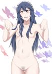  1girl :d :q alluring blue_eyes blue_hair blush breasts butterfly emmeryn fire_emblem fire_emblem:_kakusei high_resolution holding_clothes holding_object long_hair looking_at_viewer lucina multiple_girls nintendo nipples open_mouth pubic_hair see-through_silhouette shirt simple_background small_breasts smile t-nude tiara tongue tongue_out umayahara0130 
