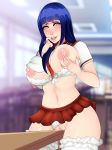 1girl big_breasts blush breast_squeeze breasts finger_in_mouth hairless_pussy hinata_hyuuga huge_breasts lawzilla naruto nipples panties_aside school_uniform shaved_pussy short_skirt table