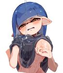 1girl bangs blue_hair blue_tongue blunt_bangs blush breast_hold breasts clothes_lift colored_tongue disembodied_limb fummatsu_soosu grabbing_own_breast grey_hoodie hand_under_clothes hand_under_shirt hood hoodie hoodie_lift inkling inkling_girl lifted_by_self lotion lube medium_breasts navel nintendo nipple_tweak nipples no_bra one_breast_out open_mouth pointy_ears shirt solo_female splatoon_(series) tentacle_hair white_background yellow_eyes