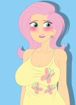 1girl alcasar-reich bare_shoulders big_breasts blue_background blue_eyes blush breasts butterflies cleavage dress earrings embarrassed female_only fluttershy friendship_is_magic humanized jewelry long_hair my_little_pony open_mouth pink_hair simple_background tongue yellow_dress