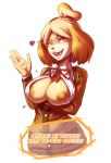  &lt;3 1girl 1girl 2018 5_fingers akazulla amber_eyes animal_crossing anthro areola big_breasts black_nose blonde_hair breasts canine clothed clothing dog english_text exposed_breasts furry hair isabelle_(animal_crossing) mammal nintendo nipples one_eye_closed open_mouth shih_tzu short_hair simple_background standing teeth text tongue video_games white_background wink 