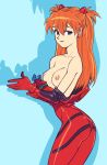  1_girl 1girl a10_nerve_clips asuka_langley asuka_langley_souryuu bare_shoulders blue_background blue_eyes bodysuit breasts female female_only high_resolution in_profile long_hair long_red_hair looking_at_viewer neon_genesis_evangelion nipples orange_hair plugsuit red_bodysuit red_hair redhead shadow simple_background skin_tight solo suoiresnu tied_hair 