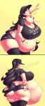  belly_bulge belly_piercing black_hair dotil earrings gigantic_ass gigantic_breasts goth hat inflation ponytail purple_eyes vore weight_gain 