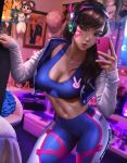  1girl alluring bedroom cleavage clothed clothing d.va headphones lips logan_cure overwatch selfpic smartphone 
