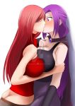 2girls against_wall arm_grab ass asymmetrical_docking bare_shoulders belt big_breasts black_tank_top blush breast_press breasts brooch butt_crack cape cleavage closed_eyes forced gem huge_breasts human human_only jewelry kissing kuma003 lips long_hair looking_at_another multiple_females multiple_girls neck original original_character purple_cape purple_eyes purple_hair red_hair restrained sapphire_(stone) shadow simple_background sleeveless sleeveless_turtleneck surprised sweatdrop tank_top turtleneck white_background yuri