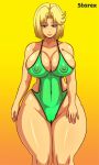  1girl 5tarex big_ass big_breasts blonde_hair blue_eyes cameltoe clothed looking_at_viewer nipples short_hair smile standing swimsuit 