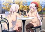  1girl 2_girls arm_rest autumn azur_lane backwards_virgin_killer_sweater bandaid bandaids_on_nipples bangs bare_shoulders belfast_(azur_lane) belfast_(shopping_with_the_head_maid)_(azur_lane) beret big_breasts black_legwear blush boots breasts brown_footwear brown_sweater bubble_tea building cameo chair clavicle crossed_legs day dessert_topping drinking_straw earrings erect_nipples erect_nipples_under_clothes exhibitionism eyebrows_visible_through_hair food fruit grey_sweater hair_between_eyes hand_on_own_cheek hand_on_own_face hat hoop_earrings jewelry knee_boots long_hair looking_at_viewer meme_attire multiple_girls nipples pasties photo_background ppshex red_headwear short_hair sidelocks silver_hair sirius_(azur_lane) sitting smile stockings strawberry sweater table turtleneck virgin_killer_sweater whipped_cream white_hair 