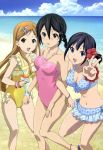  3girls :d :o art beach bikini breasts character_request copyright_request looking_at_viewer medium_breasts multiple_girls open_mouth outside small_breasts smile swimsuit tagme 