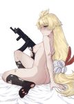 1girl arm_support ass bandaid bed_sheet blonde_hair blue_eyes blush breasts closed_mouth feet full_body girls_frontline gun hair_ornament hairclip high_resolution holding holding_gun holding_weapon in_profile long_hair low-tied_long_hair nipples nude pp-19-01_(girls_frontline) simple_background sitting socks soles tied_hair trigger_discipline very_long_hair weapon white_background zakirsiz