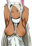  1_girl 1girl animal_ears armpits arms_behind_head big_breasts breasts breasts_out_of_clothes bunny_ears bunny_girl dark-skinned_female dark_skin female female_only gloves high_resolution leotard long_hair looking_at_viewer miruko_(my_hero_academia) my_hero_academia nipples official_style red_eyes shoganight solo tanned usagiyama_rumi white_background white_gloves white_hair 