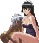  2_girls :d arm arm_support art bare_arms bare_legs bare_shoulders black_hair blue_swimsuit blush_stickers breasts c: cleavage closed_mouth collarbone dark_skin female_only hanaukyou_maid_tai high_res hugging human human_only leg_grab legs leotard long_hair looking_at_viewer maid maid_headdress multiple_girls neck open_mouth sanae_yashima shiny shiny_hair shiny_skin short_hair silver_hair simple_background sitting small_breasts strapless strapless_leotard strapless_swimsuit swimsuit tsurugi_konoe white_background yellow_swimsuit yuri 