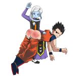  1boy 1girl 1girl angel ass black_hair blue_skin butt_crack cus discipline domination dragon_ball dragon_ball_super dragon_ball_z embarrassed femdom floating handprint humiliation larger_male male malesub over_the_knee pants_down punishment red_ass size_difference smaller_female son_gohan spanked spanking white_hair 