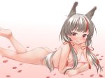  1girl 4:3_aspect_ratio animal_ears ass azur_lane bangs breasts clavicle completely_nude contentious_content kamikaze_(azur_lane) kumaneko_rococo long_hair looking_at_viewer lying nipples nude on_stomach petals red_eyes shiny shiny_skin silver_hair small_breasts smile tied_hair twin_tails 