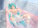  00s 1girl 4:3_aspect_ratio aqua_hair areola barefoot bath bathing bathroom bathtub blush breasts casual_nudity closed_eyes completely_nude drooling feet female_only high_resolution indoors kazu-chan long_hair medium_breasts miku_hatsune nipples nude open_mouth partially_submerged pussy reflection relaxed saliva smile solo_female spread_legs tied_hair towel towel_on_head twin_tails uncensored vocaloid water window 