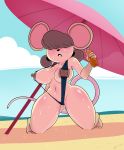  1girl 1girl 2018 4_fingers anthro areola beach beach_umbrella big_breasts bikini black_nose blush breasts clothed clothing detailed_background furry hair hair_over_eyes high_res holding_object ineffective_clothing kneel mammal mcsweezy mouse navel nipples outside rodent seaside short_hair skimpy sling_bikini sweat swimsuit thick_thighs 