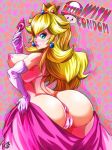  ass big_ass blonde_hair blue_eyes breasts condom condom_packet_strip earrings gloves jewelry lipstick makeup nintendo princess_peach sideboob super_mario_bros. taking_off_clothes text 