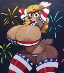  1girl 2018 4th_of_july absurd_res american_flag_bikini american_flag_legwear american_flag_print anthro areola arms_up armwear ass bear big_breasts bikini blonde_hair blue_eyes breasts clothed clothing digital_drawing_(artwork) digital_media_(artwork) eyelashes fireworks fur furry green_eyes hair hands_behind_head high_res huge_breasts legwear long_hair looking_at_viewer mammal miso_souperstar night nipples outside sky smile standing stars_and_stripes stockings striped_legwear stripes swimsuit thick_thighs united_states_of_america wide_hips 