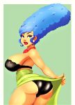  1girl ass big_breasts blue_hair bra earring flashing lipstick looking_at_viewer marge_simpson milf necklace panties the_simpsons thighs 