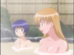  2girls ai_yori_aoshi anime aoi_sakuraba aqua_eyes arm arms bare_arms bare_shoulders big_breasts blonde_hair blue_eyes blue_hair breasts cleavage collarbone hand_up happy long_hair looking_at_another medium_breasts multiple_girls neck nude onsen open_mouth sakuraba_aoi short_hair smile tina_foster upper_body water 