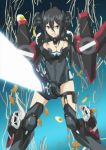  1girl angry anime black_eyes black_hair bodysuit breasts cleavage cleavage_cutout clenched_teeth date_a_live food hair_between_eyes headgear holding holding_sword holding_weapon kusakabe_ryouko leotard light_skin long_hair looking_at_viewer mecha_musume mechanical_wings medium_breasts noodles ponytail revealing_clothes ryouko_kusakabe serious standing sword teeth weapon wings 