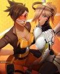  2girls blonde blonde_hair cleavage clothed clothes clothing cosplay freckles glasses kittypuddin_(artist) looking_at_viewer mercy_(overwatch) overwatch short_hair tongue tongue_out tracer_(overwatch) 