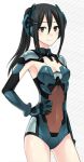  1girl :) art artist_request black_eyes black_hair bodysuit breasts cleavage cleavage_cutout closed_mouth date_a_live hair_between_eyes headgear kusakabe_ryouko leotard long_hair mecha_musume medium_breasts ponytail revealing_clothes ryouko_kusakabe smile 