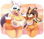  2018 2girls alcohol anthro areola badger bat beer beverage big_breasts blue_eyes blush breast_envy breasts clothed clothing digital_media_(artwork) duo eyelashes eyeshadow food furry hair holding_food holding_object hooters huge_breasts makeup mammal mustelid nipples open_mouth pencil_(object) rouge_the_bat secretly_saucy sega signature sonic_boom sticks_the_jungle_badger thick_thighs translucent transparent_clothing white_hair wings 