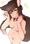  1girl 1girl animal_ears breasts brown_hair coffeechicken completely_nude cute_fang heart high_resolution long_hair looking_at_viewer navel nipples nude original simple_background smile tail viewed_from_above white_background yellow_eyes 